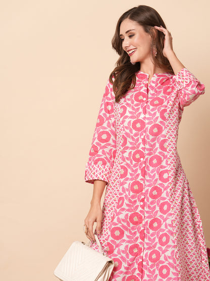 Floral Printed A-Line Paneled Kurta with Pant - Pink