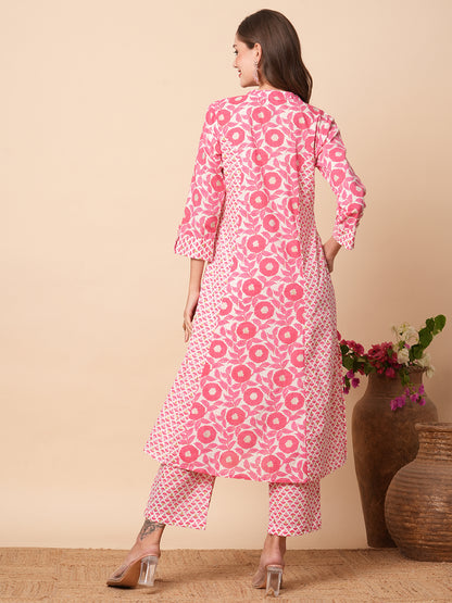 Floral Printed A-Line Paneled Kurta with Pant - Pink