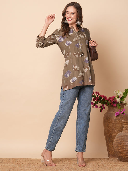 Floral Printed Mirror & Resham Embroidered A-line Short Kurti - Brown