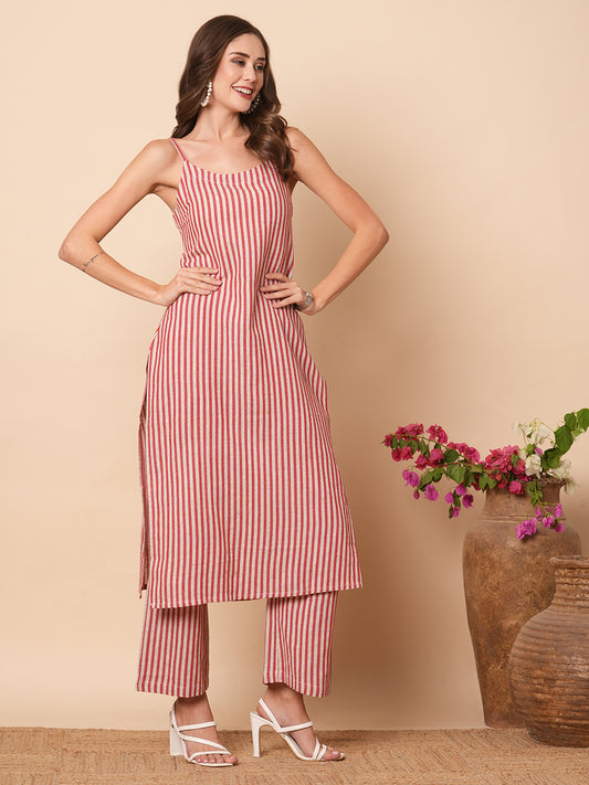 Ethnic Woven Striped Straight Fit Co-ord Set - Red