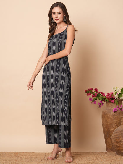 Ethnic Woven Striped Straight Fit Co-ord Set - Navy Blue