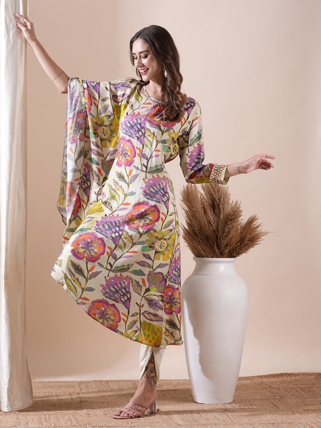 Floral Printed Beads & Sequins Embroidered Kaftan with Tulip Pants - Multi