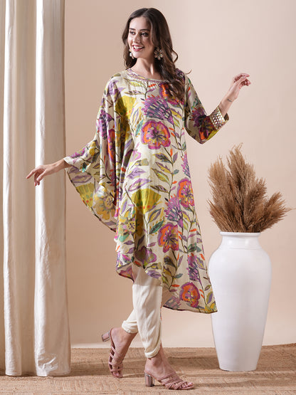 Floral Printed Beads & Sequins Embroidered Kaftan with Tulip Pants - Multi