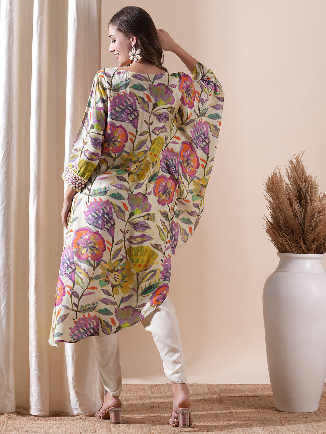 Floral Printed Beads & Sequins Embroidered Kaftan with Tulip Pants - Multi