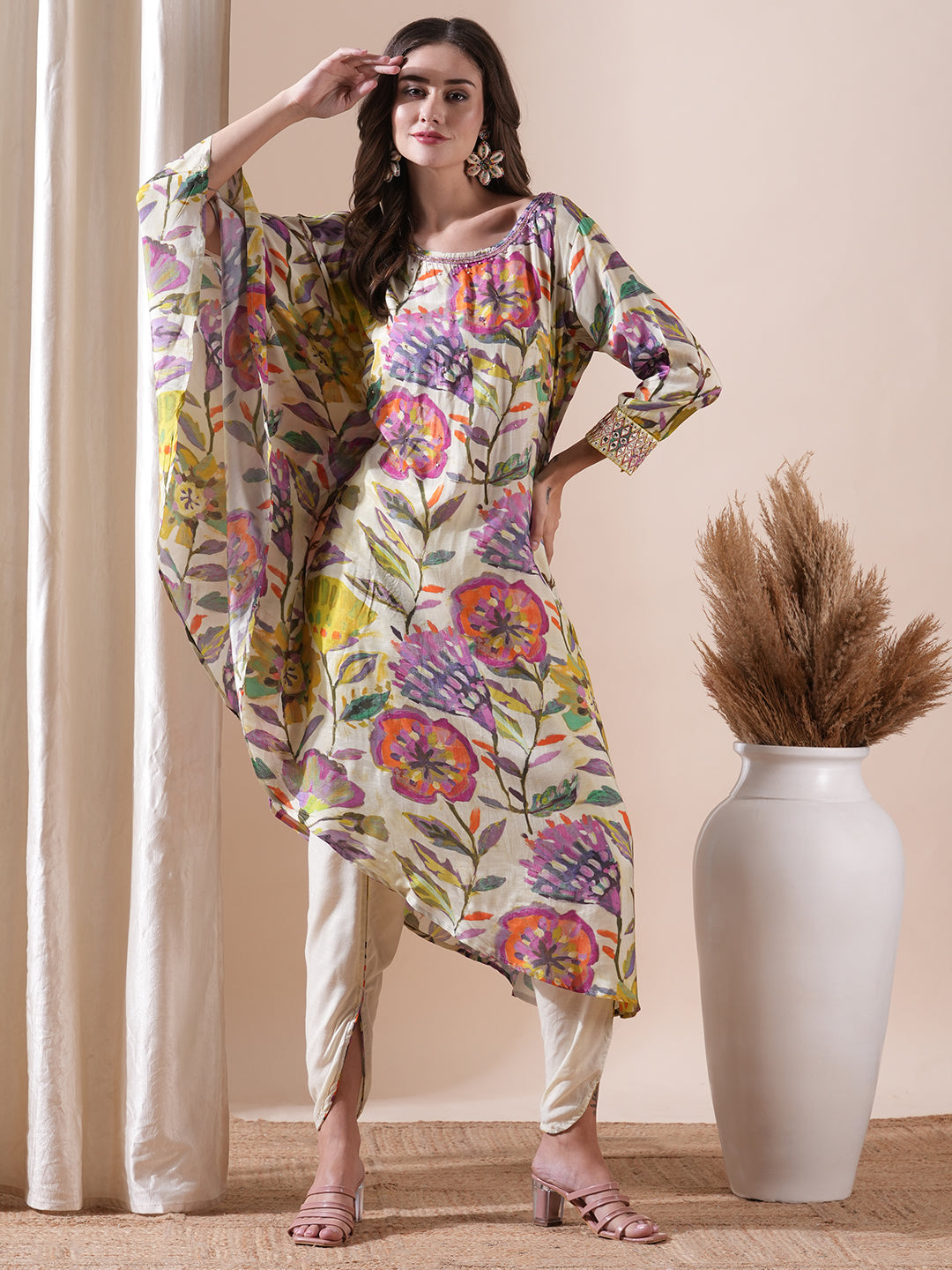 Floral Printed Beads & Sequins Embroidered Kaftan with Tulip Pants - Multi