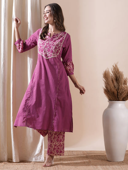 Solid Crochet Lace Embellished A-line Kurta with Floral Palazzo - Pink