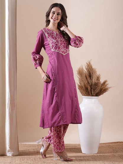 Solid Crochet Lace Embellished A-line Kurta with Floral Palazzo - Pink