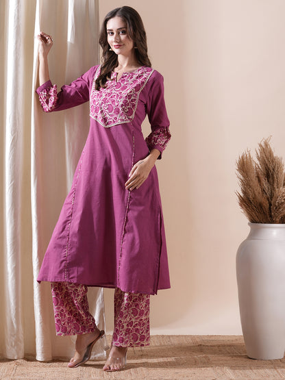 Solid Crochet Lace Embellished A-line Kurta with Floral Palazzo - Pink