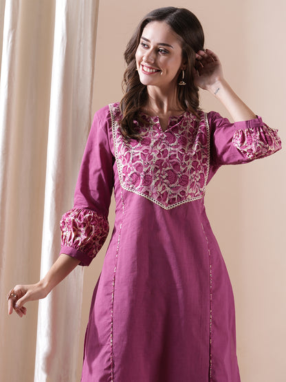 Solid Crochet Lace Embellished A-line Kurta with Floral Palazzo - Pink