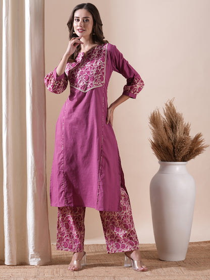 Solid Crochet Lace Embellished A-line Kurta with Floral Palazzo - Pink