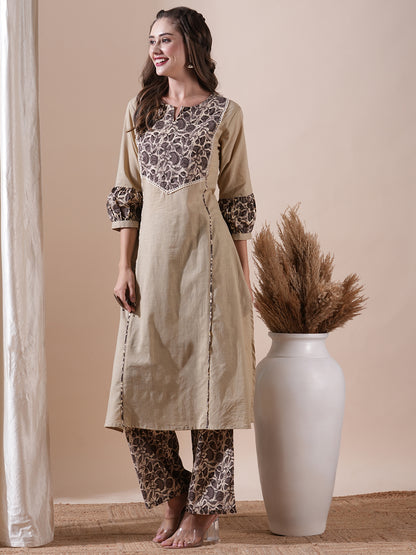 Solid Crochet Lace Embellished A-line Kurta with Floral Palazzo - Taupe