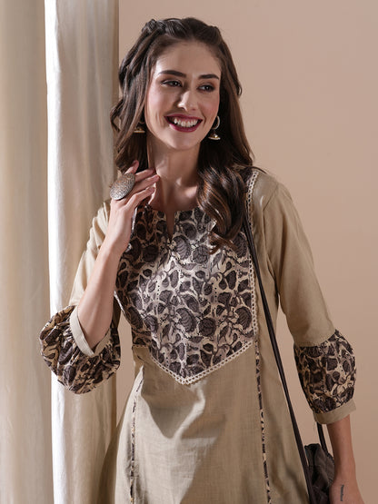 Solid Crochet Lace Embellished A-line Kurta with Floral Palazzo - Taupe