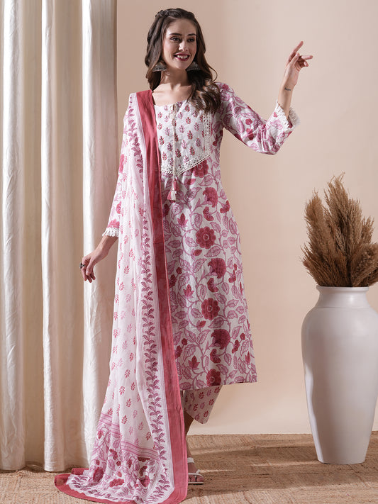 Ethnic Floral Printed Embroidered Straight Fit Kurta with Pant and Dupatta - White