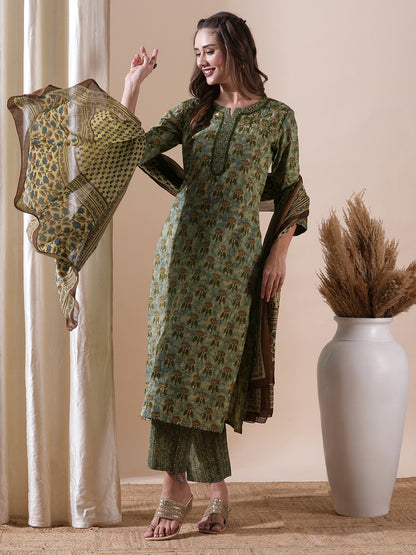 Floral Printed Resham & Sequins Embroidered Kurta with Pants & Dupatta - Green