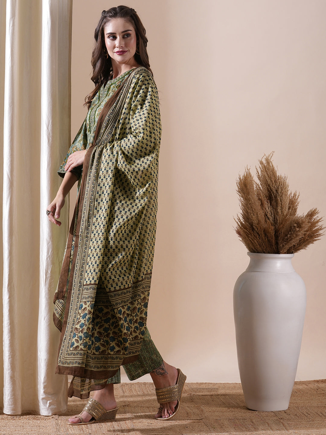 Floral Printed Resham & Sequins Embroidered Kurta with Pants & Dupatta - Green