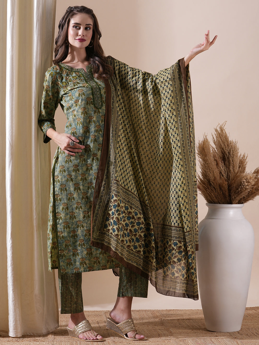 Floral Printed Resham & Sequins Embroidered Kurta with Pants & Dupatta - Green