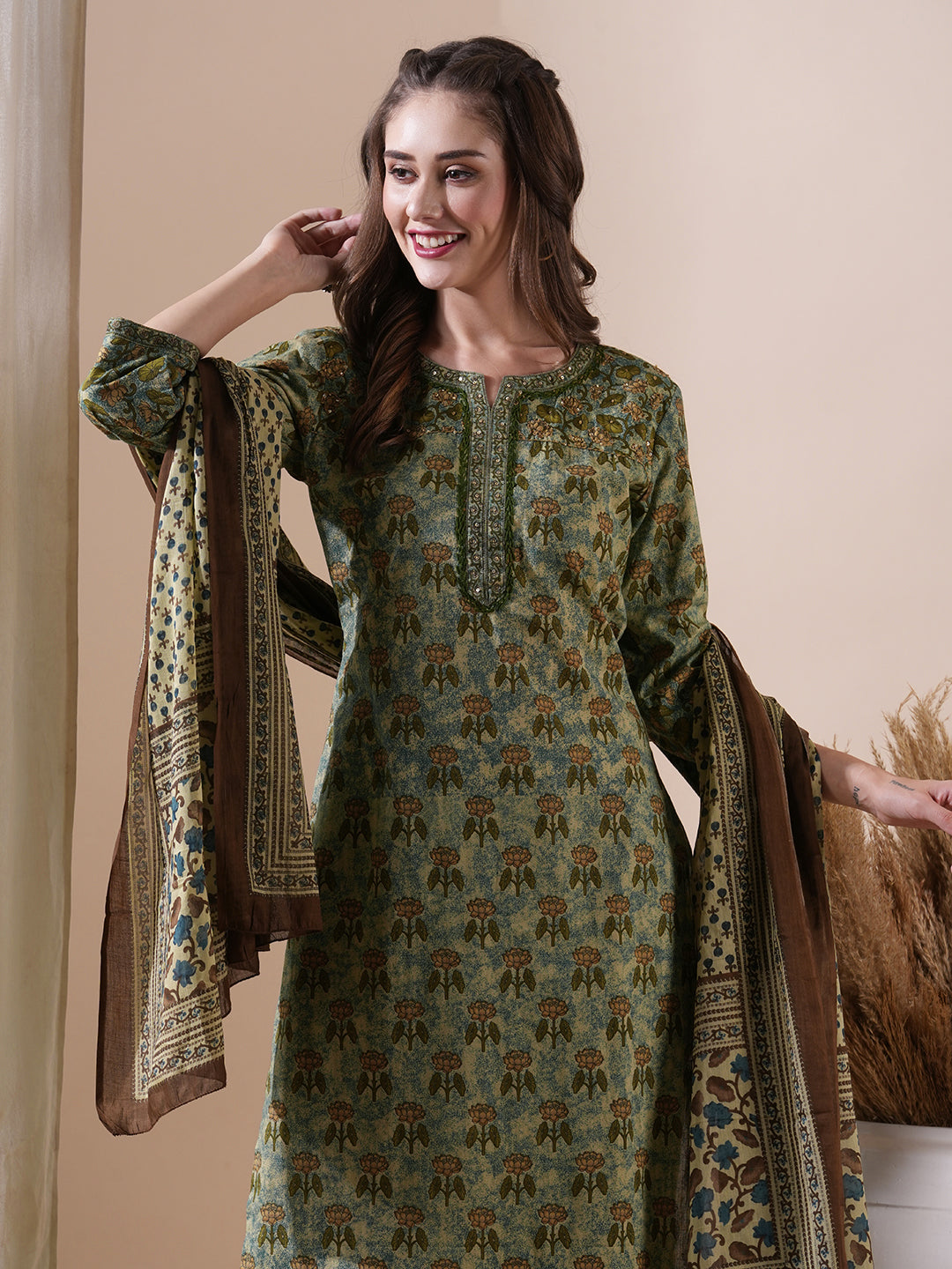 Floral Printed Resham & Sequins Embroidered Kurta with Pants & Dupatta - Green