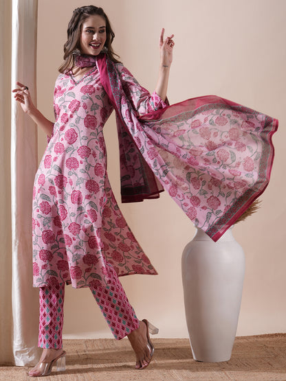 Floral Printed Mirror & Resham Embroidered Kurta with Pants & Dupatta - Pink