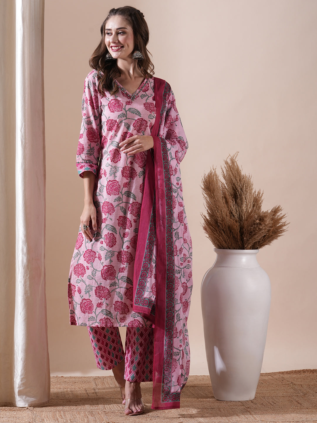 Floral Printed Mirror & Resham Embroidered Kurta with Pants & Dupatta - Pink