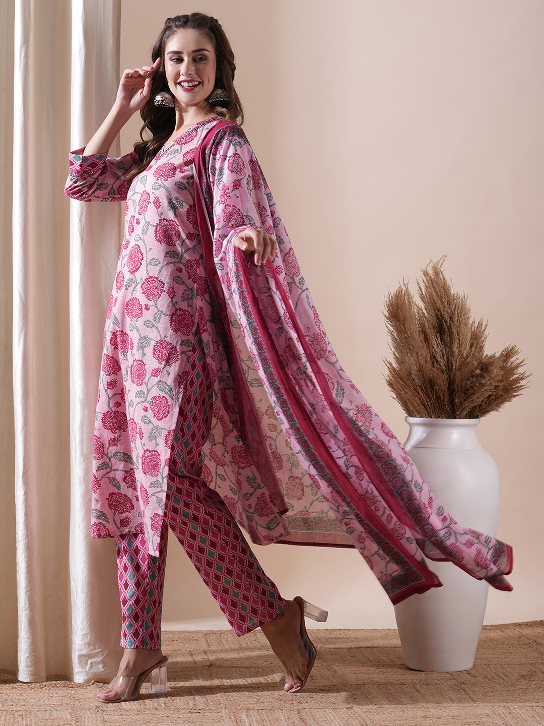 Floral Printed Mirror & Resham Embroidered Kurta with Pants & Dupatta - Pink