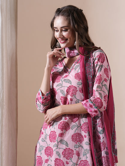 Floral Printed Mirror & Resham Embroidered Kurta with Pants & Dupatta - Pink