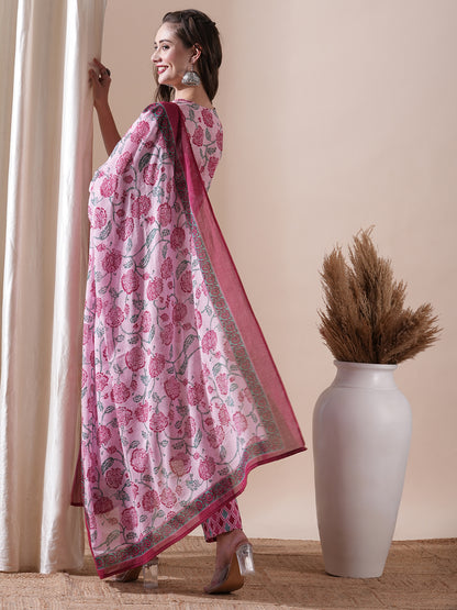 Floral Printed Mirror & Resham Embroidered Kurta with Pants & Dupatta - Pink