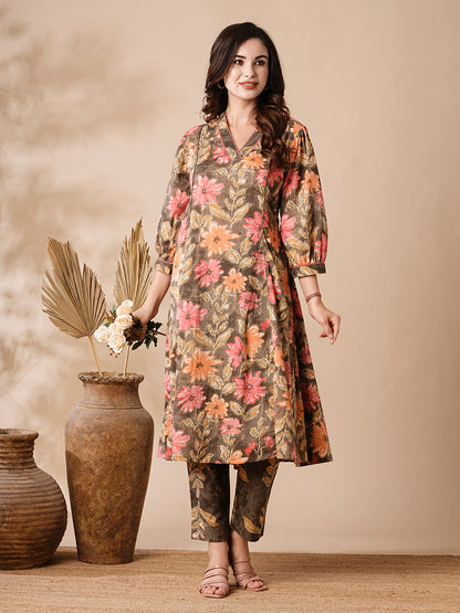 Abstract Floral Printed A-Line Paneled Kurta with Pant - Brown