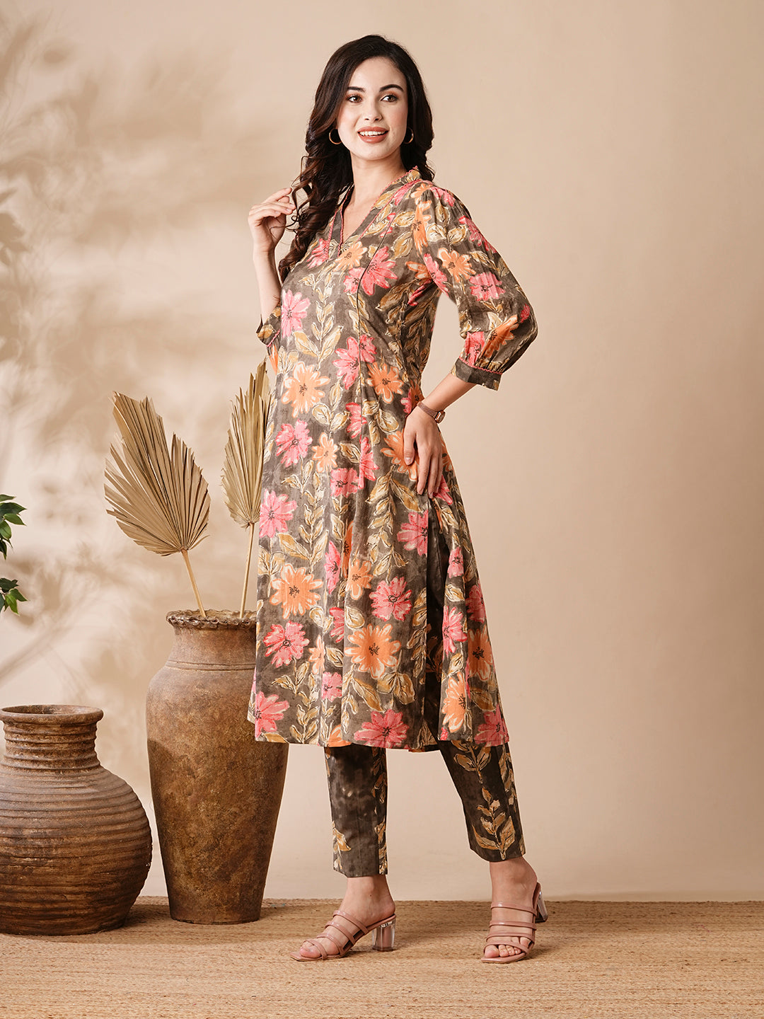 Abstract Floral Printed A-Line Paneled Kurta with Pant - Brown