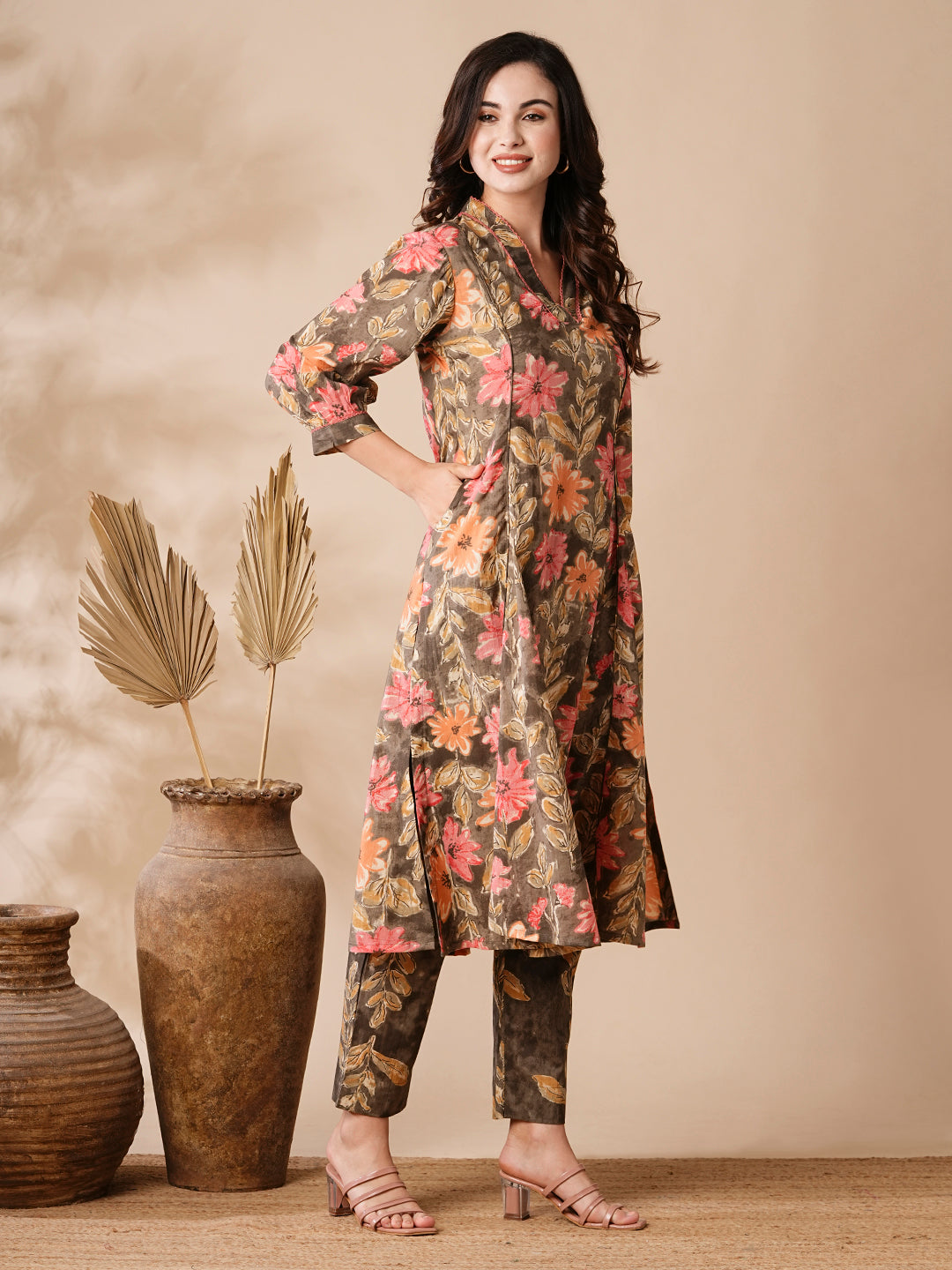 Abstract Floral Printed A-Line Paneled Kurta with Pant - Brown