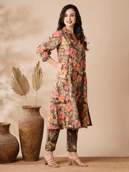 Abstract Floral Printed A-Line Paneled Kurta with Pant - Brown