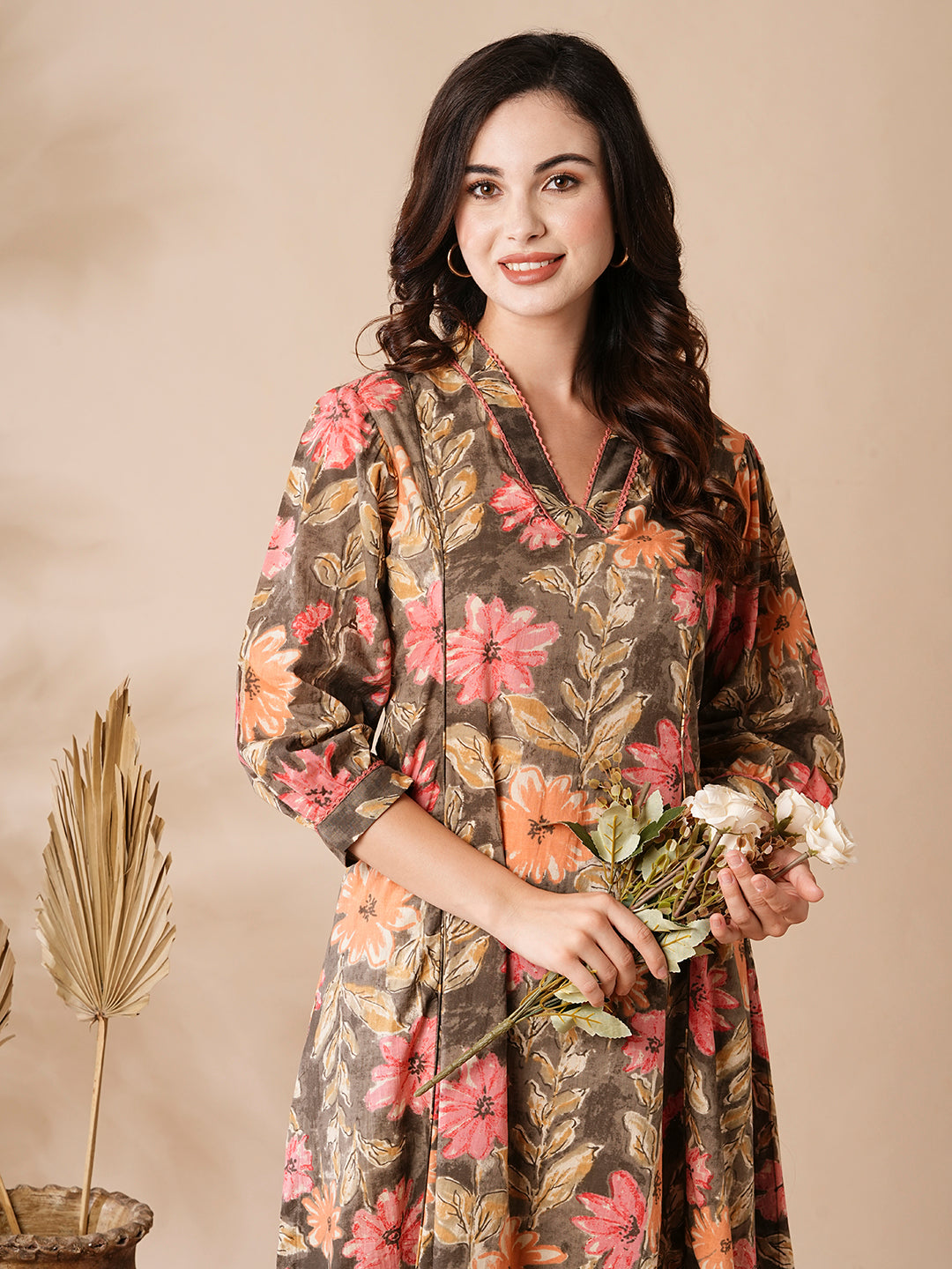 Abstract Floral Printed A-Line Paneled Kurta with Pant - Brown