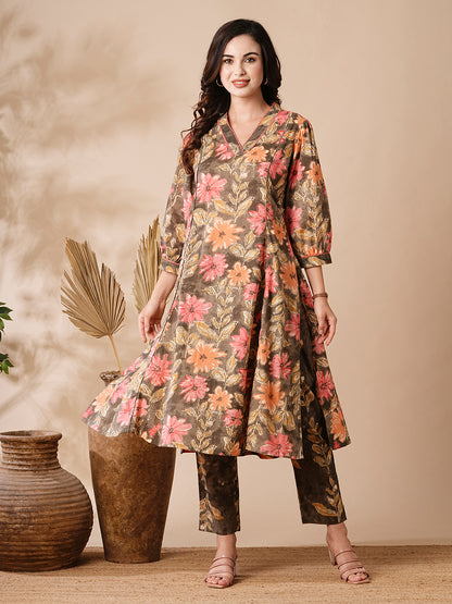 Abstract Floral Printed A-Line Paneled Kurta with Pant - Brown