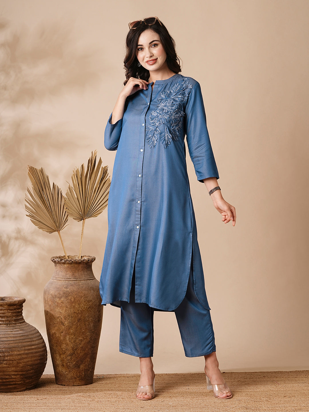 Solid Applique Embroidered Denim Kurta & Pants - Light Blue