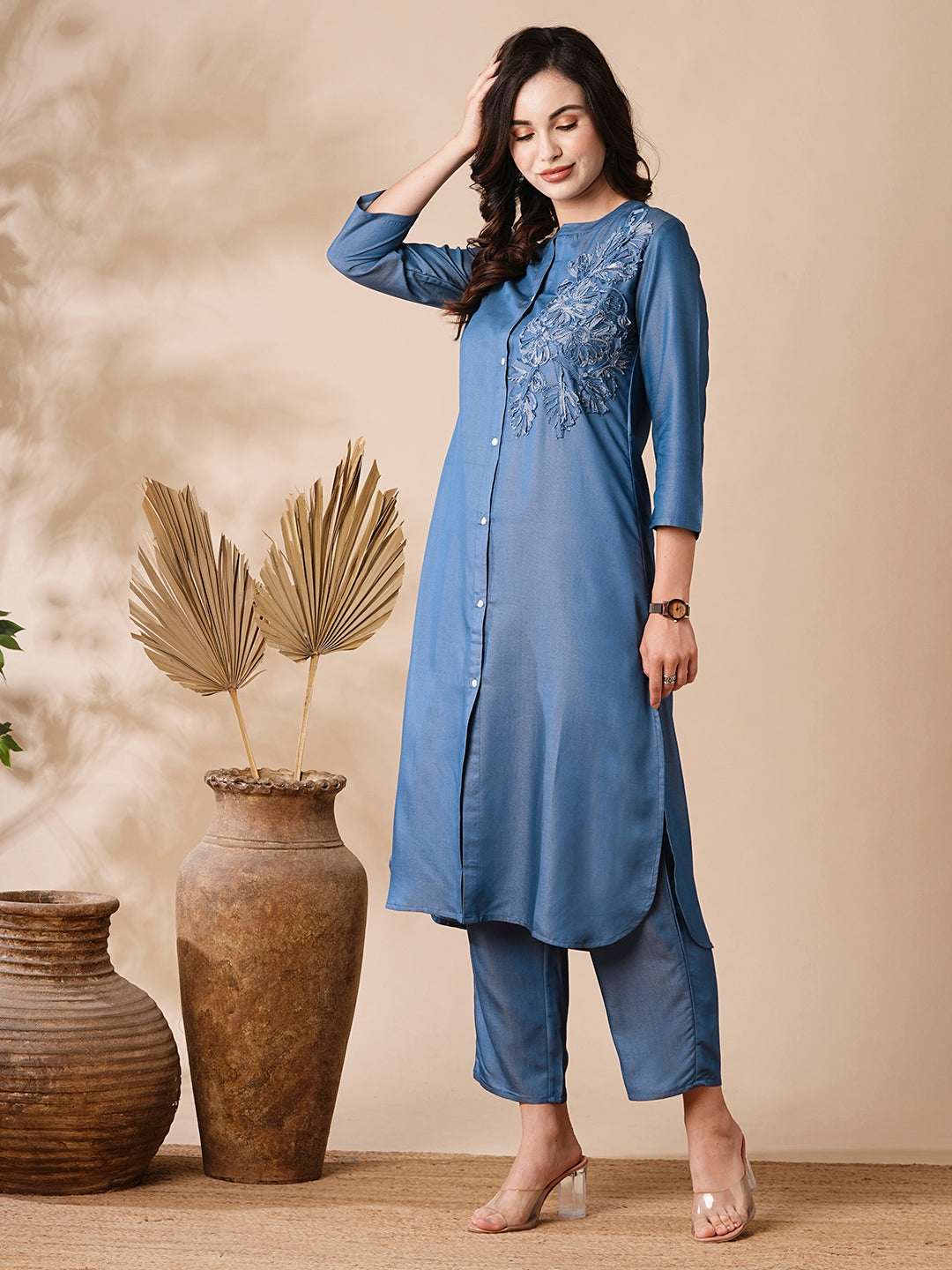 Solid Applique Embroidered Denim Kurta & Pants - Light Blue