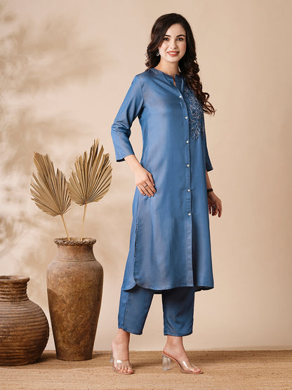 Solid Applique Embroidered Denim Kurta & Pants - Light Blue