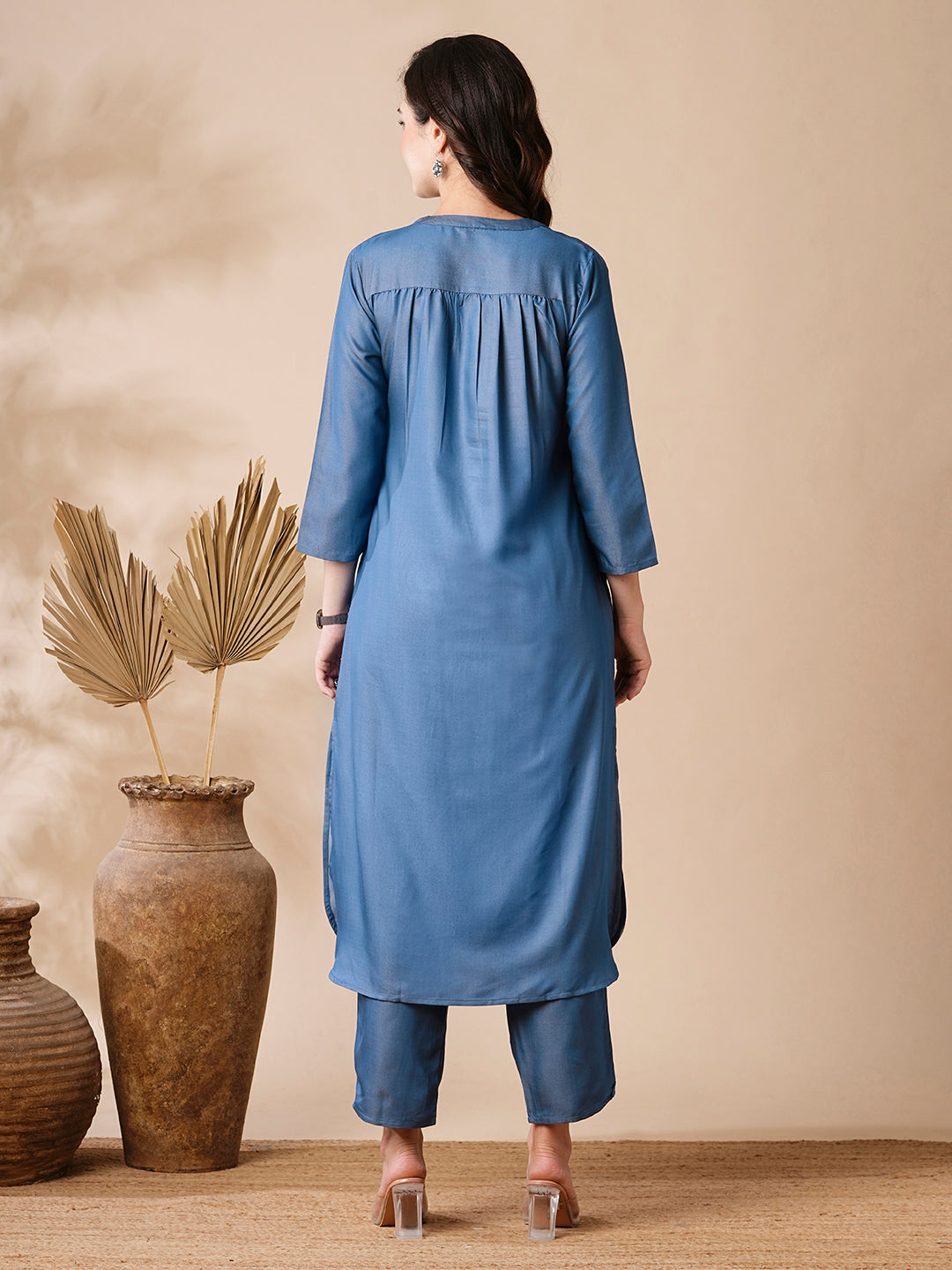 Solid Applique Embroidered Denim Kurta & Pants - Light Blue