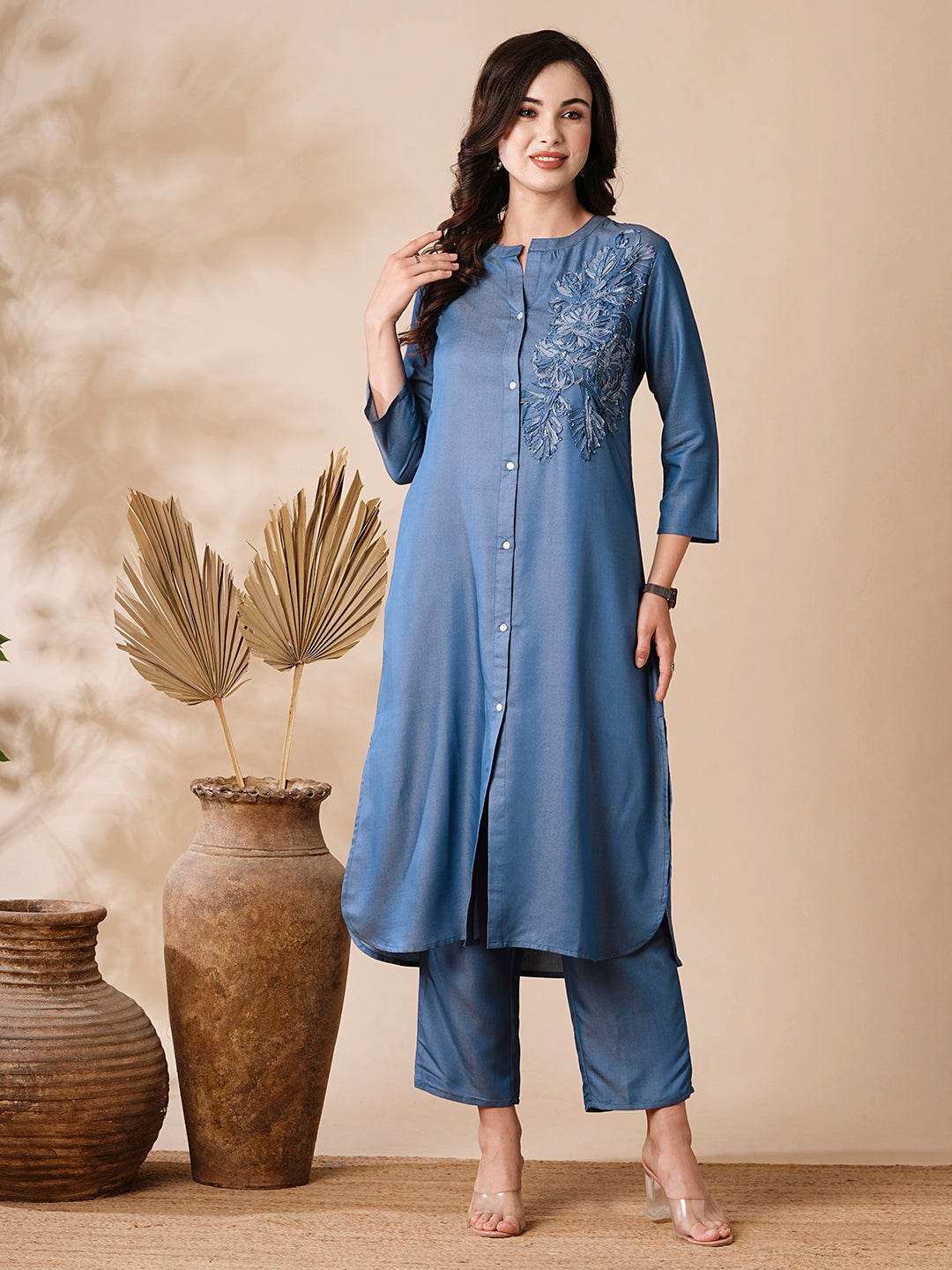 Solid Applique Embroidered Denim Kurta & Pants - Light Blue