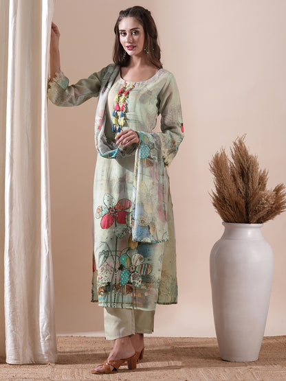 Floral Printed Sea Shell & Sequinned Cutwork Lace Embellished Kurta with Pants & Dupatta - Beige