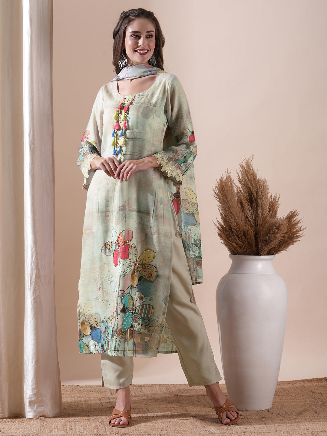 Floral Printed Sea Shell & Sequinned Cutwork Lace Embellished Kurta with Pants & Dupatta - Beige