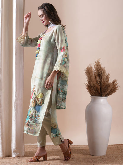 Floral Printed Sea Shell & Sequinned Cutwork Lace Embellished Kurta with Pants & Dupatta - Beige