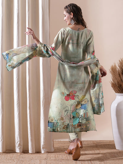 Floral Printed Sea Shell & Sequinned Cutwork Lace Embellished Kurta with Pants & Dupatta - Beige