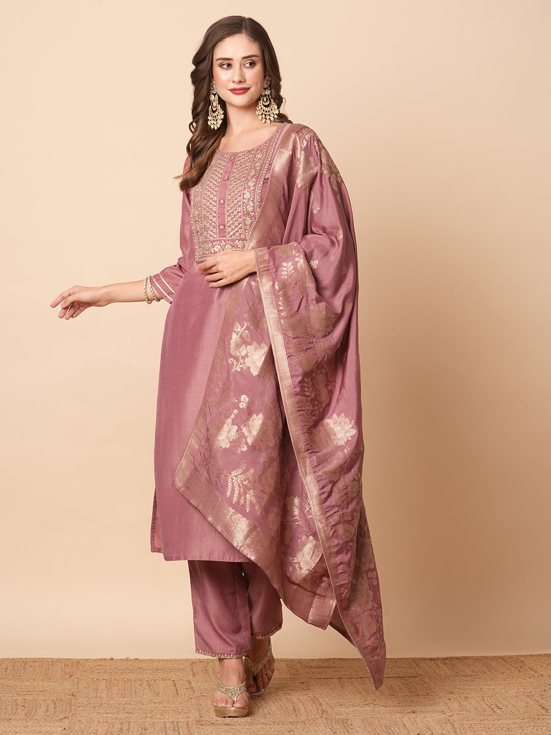 Solid Zari Embroidered Kurta with Pantts & Zari Jaccquard Dupattta - Pink