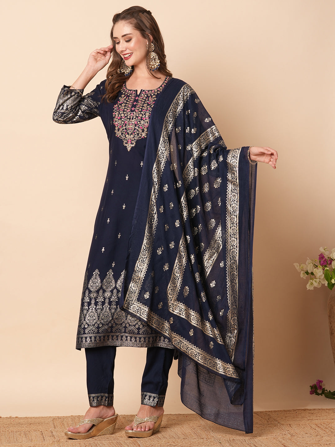 Floral Khari Printed Zari & Sequins Embroidered Kurta with Pants & Dupatta - Navy Blue