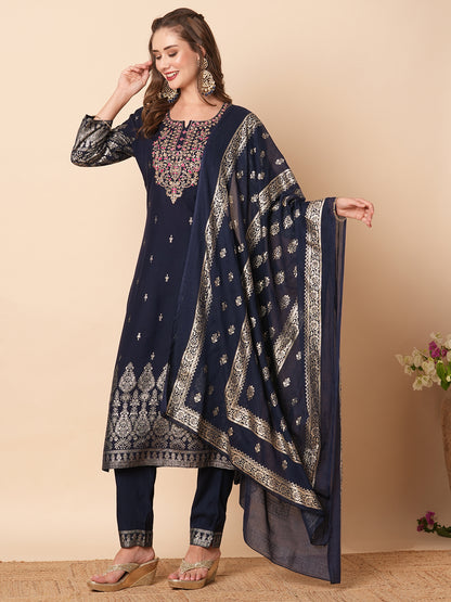 Floral Khari Printed Zari & Sequins Embroidered Kurta with Pants & Dupatta - Navy Blue