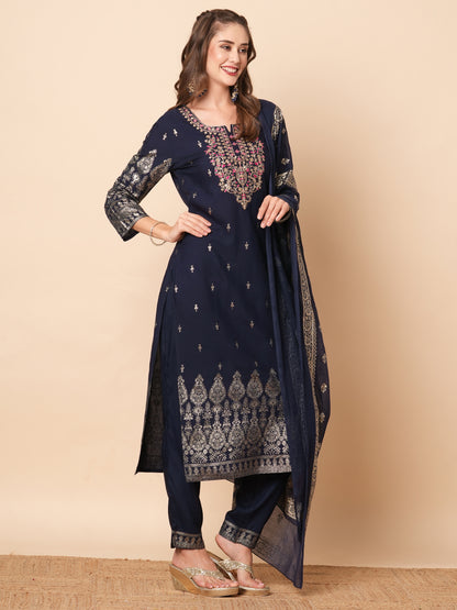 Floral Khari Printed Zari & Sequins Embroidered Kurta with Pants & Dupatta - Navy Blue