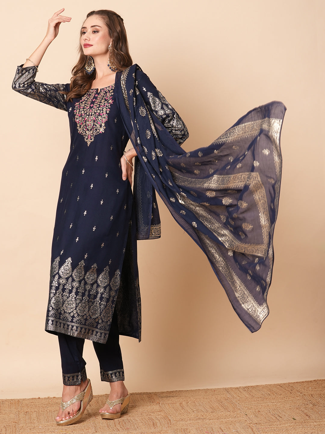 Floral Khari Printed Zari & Sequins Embroidered Kurta with Pants & Dupatta - Navy Blue