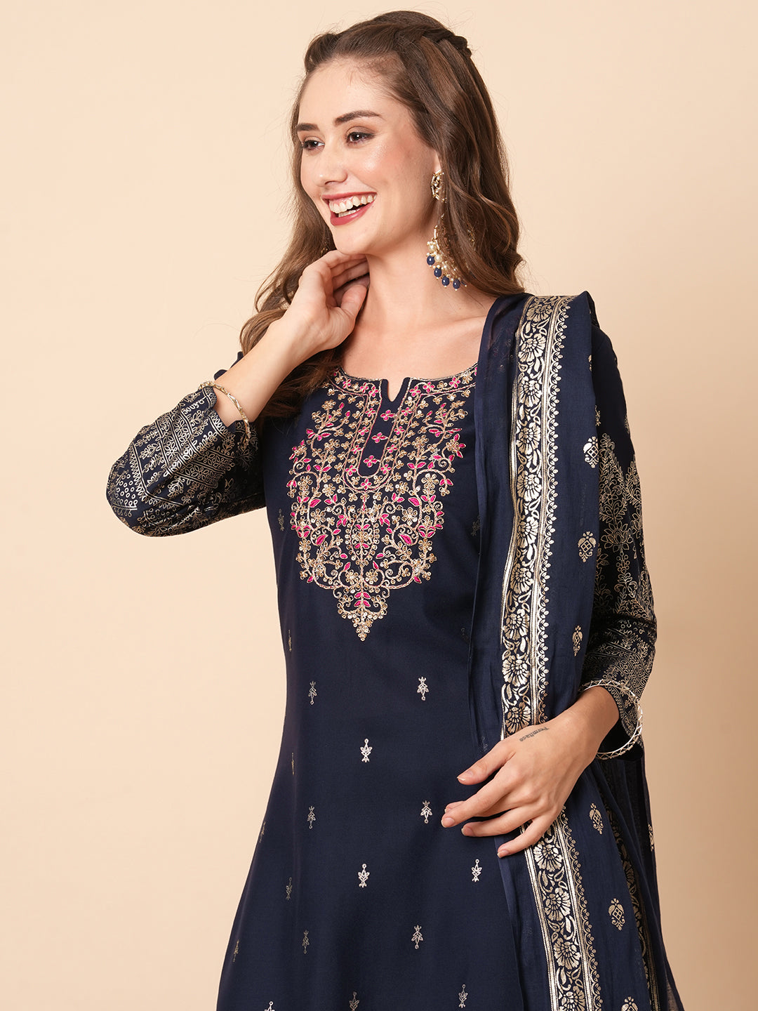 Floral Khari Printed Zari & Sequins Embroidered Kurta with Pants & Dupatta - Navy Blue