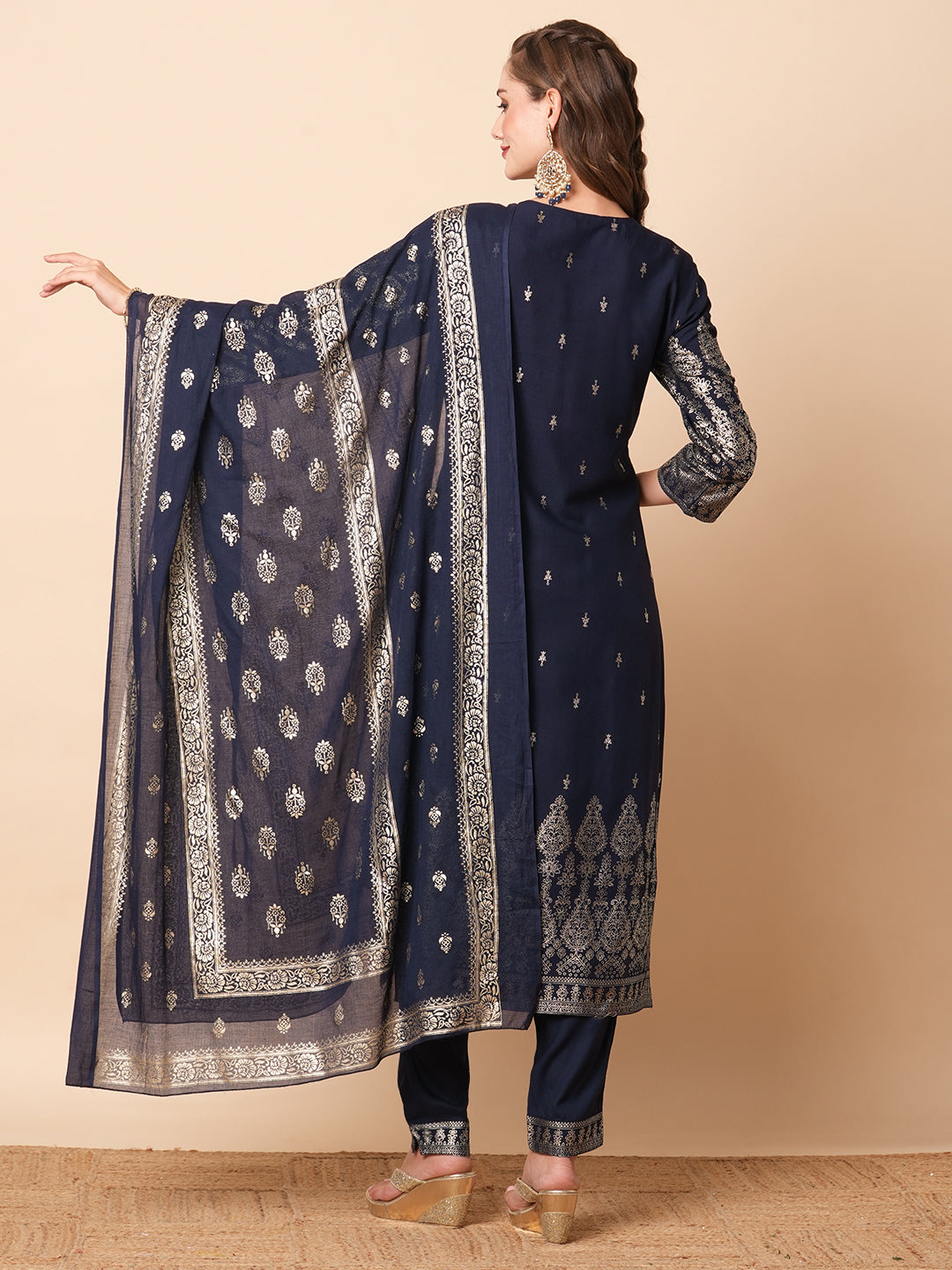 Floral Khari Printed Zari & Sequins Embroidered Kurta with Pants & Dupatta - Navy Blue