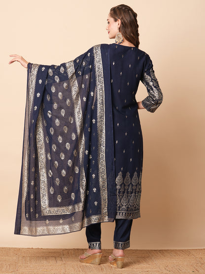 Floral Khari Printed Zari & Sequins Embroidered Kurta with Pants & Dupatta - Navy Blue