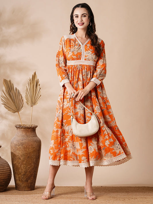 Floral Style Printed Resham & Crochet Lace Embellished Dress - Orange & Multi